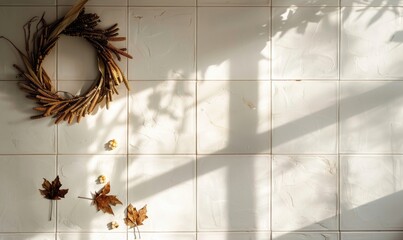 Wall Mural - Top view of a white tile countertop, frame of autumn leaves and nuts