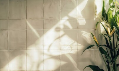 Wall Mural - Top view of a white tile countertop, frame of autumn leaves and nuts