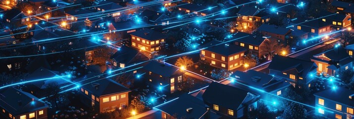 Wall Mural - Isometric view of houses with lights in the night city