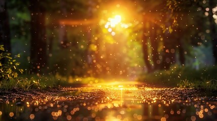 Sticker -   Sun shining brightly over a puddle, grass, and trees in the forest