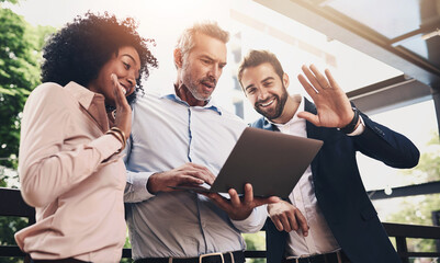 Laptop, team and business people wave on video call for meeting, online conference or low angle. Happy group, computer and hello on webinar, virtual greeting and sales manager outdoor for remote work