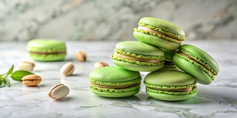 Sticker - French pistachio macarons on a white marble surface, pistachio, French, sweet, dessert, bakery