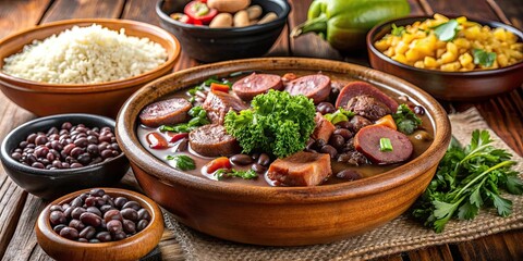 Wall Mural - Traditional Brazilian feijoada dish with black beans, pork, sausage, and assorted meats, Brazilian, food, cuisine