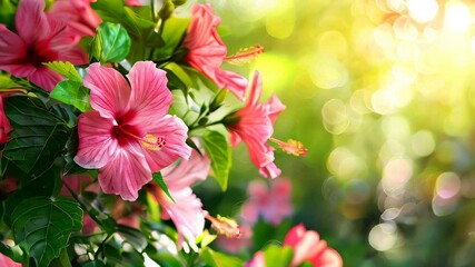 Wall Mural - Vibrant pink hibiscus flowers with green leaves in sunny garden