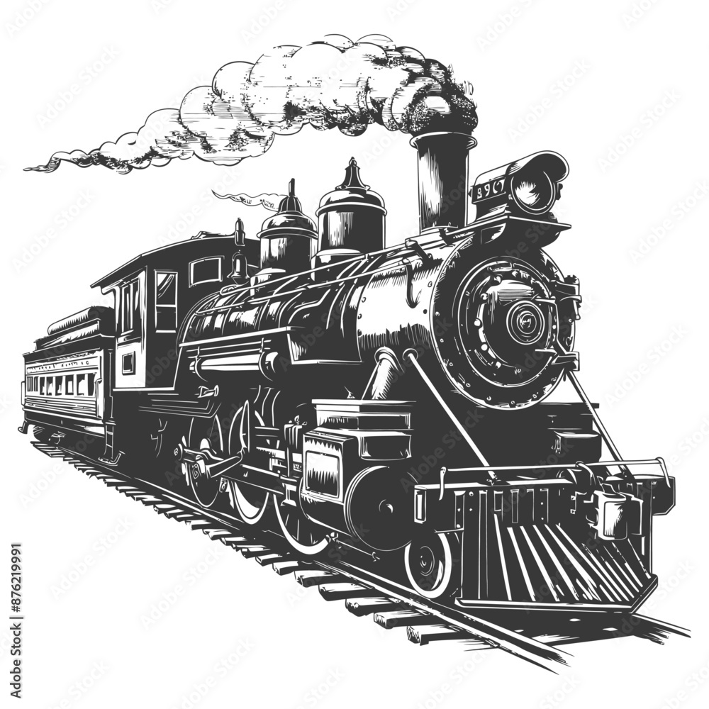 Steam Engine Engravings Vintage engraving of a steam locomotive with passenger cars Stock ...