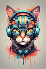  Colorful hand-painted illustrated wallpaper with a portrait of a cat with a headset