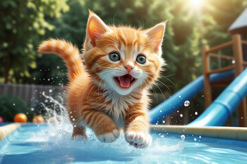 Sticker - A cute orange kitten slides down a water slide in 3d animation