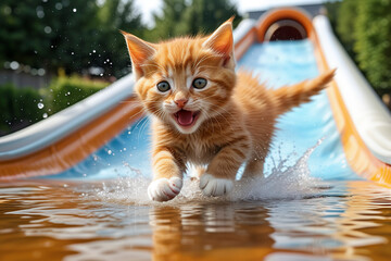 Sticker - A cute orange kitten slides down a water slide in 3d animation