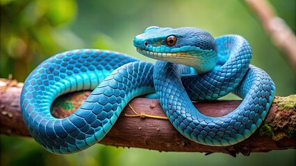 close-up of a blue viper snake wrapping around a branch in the indonesian jungle , viper snake, blue