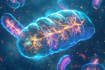 Sticker - Abstract Visualization of a Cellular Structure with Glowing Veins and a Blue, Orange, and Purple Color Scheme