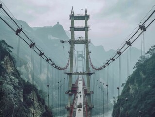 Poster - AI generated illustration of a misty view of a suspension bridge spanning over a deep valley