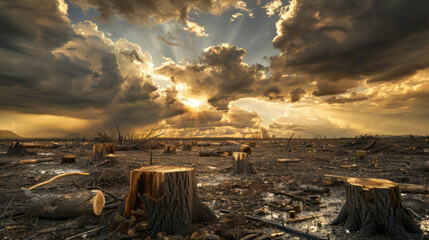 An eerie landscape of environmental degradation with tree stumps and debris under dark clouds