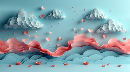 Poster - valentine s day composition,paper art clouds,hearts on blue background.illustration