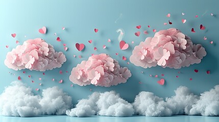 Poster - valentine s day composition,paper art clouds,hearts on blue background.stock photo