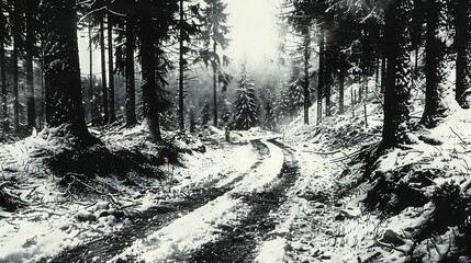 Poster -  Black & white photo of a snow-covered road in a dense forest, surrounded by towering trees on either side