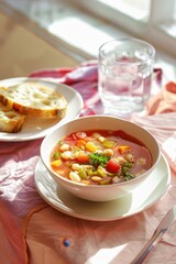 Wall Mural - Delightful Bowl of Minestrone Soup with Crusty Bread on Pastel Background in Clear Light