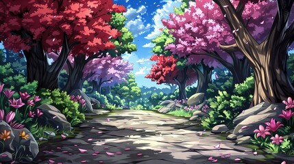 Wall Mural -   A dirt road lined with trees and flowers on either side and surrounded by rocks