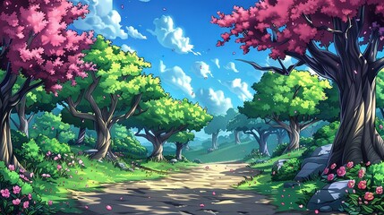 Poster -   A canvas captures a rural road surrounded by trees and blooming flora on either side