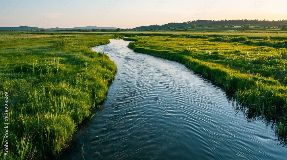 Create serene river settings using nature plates, depicting meandering ...