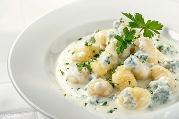 Wall Mural - Delicious Gnocchi with Gorgonzola Sauce on White Plate in Clear Light