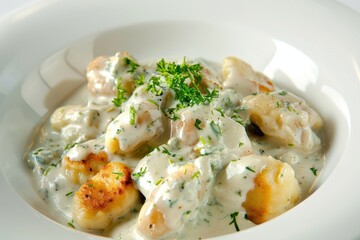 Wall Mural - Gourmet Delight - Gnocchi with Gorgonzola Sauce on White Background with Clear Lighting