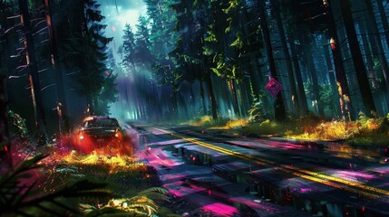 Poster -   A car driving down a forest road at night with glowing tree lights