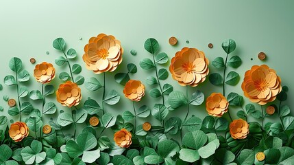 Wall Mural - diy four leaf clover paper art,gold coins on green background st patrick s day holiday concept.stock image