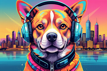 Wall Mural - Colorful hand-painted illustrated wallpaper with portrait of a dog wearing headphones