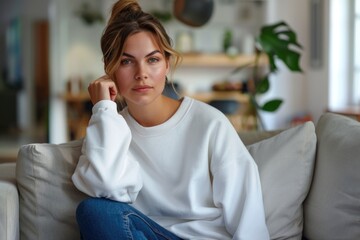 Wall Mural - attractive woman in a white sweatshirt sitting on the sofa in her modern living room.