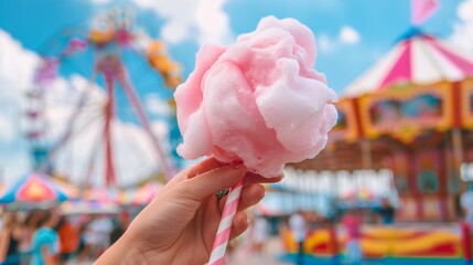Close up shot of the person's hands holding cotton candy, with minimalist rides in the background