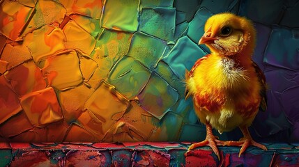 Poster -   Close-up shot of a tiny bird perched on a ledge against a vibrant backdrop of a mural, with an artwork of a rooster in the distance