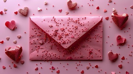 Poster - red paper envelope,hearts,confetti on pastel pink background happy valentines day concept.illustration