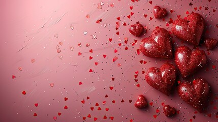 Poster - red hearts,confetti in corners on pink vertical background valentine s day poster design.stock photo