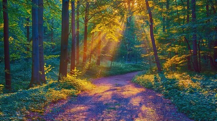 Sticker -   A dirt road runs through the forest, illuminated by light filtering through the trees on both sides