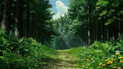 Poster -   A painting of a forest trail surrounded by numerous trees and blossoms on either side