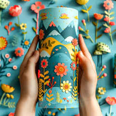 Wall Mural - A hand is holding a tall, colorful, flowery vase