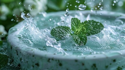 Wall Mural - splash of water on cosmetic pedestal on green background.photo