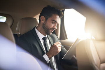 Canvas Print - Business man, passenger and tablet in transportation service with car, taxi or chauffer cab for travel or trip. Corporate investor reading of news on digital technology and drive to work or airport