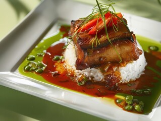 Wall Mural - Authentic Cazon en Adobo - Traditional Spanish Marinated Dogfish Dish on Green Background with Clear Light