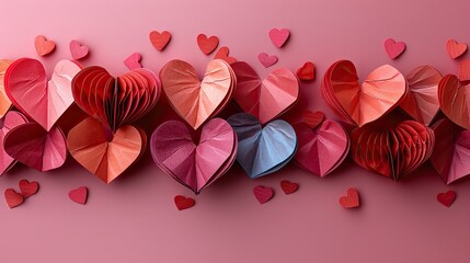 Poster - top view photo of valentine s day red paper cut hearts decorations on pink table flat lay overhead.illustration