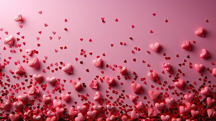 Poster - valentine s day frame border made of red paper hearts,confetti on pink background love romance concept.photo