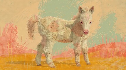 Sticker -   A depiction of a newborn equine amidst lush vegetation and soil, set against a pastel backdrop of sky