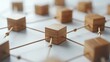 © Thanyaporn - Wooden blocks forming a network graph on a white background, representing connectivity and business networking strategy. Flat lay. High quality, stylized presentation.