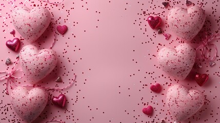 Poster - romantic valentines day vertical banner,gifts,hearts on pink background flat lay top view.stock image