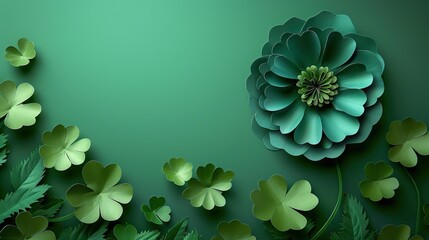 Wall Mural - st patricks day four leaf clover paper cut art on bright green background.stock image