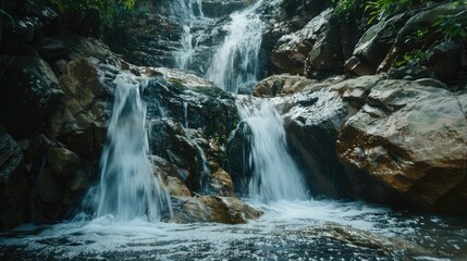  Majestic jungle waterfall, flowing through stones, ideal for nature wallpaper.