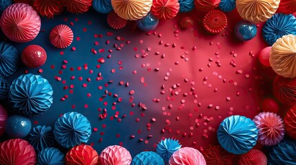Poster - balloon,paper fan in american flag colors on red background,decorations usa presidents day american labor day memorial day th of july celebration banner design.stock photo