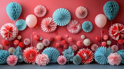 Poster - american flag balloons paper fans decorations on red background happy presidents day independence day usa th of july.stock photo