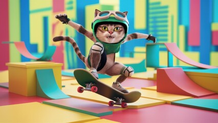 Poster - A cartoon cat in a helmet riding on top of an obstacle course, AI