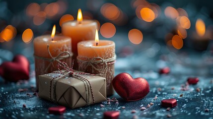 Poster - valentine s day concept cute gift boxes,candles on gray background love romance flat lay top view.illustration